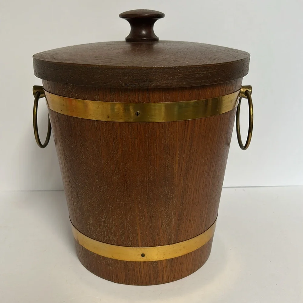 Vintage MCM 60s 70s Teak Wood Brass Belted Lidded Ice Bucket With 2 Ice Tongs